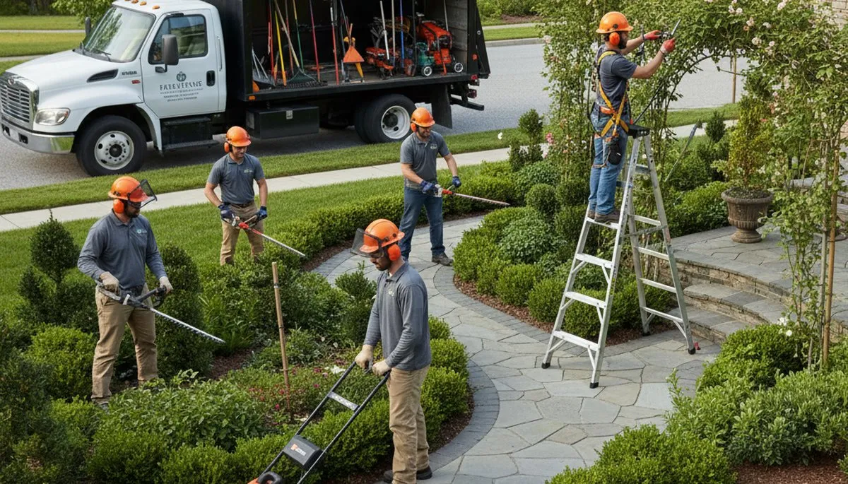 Naperville, IL tree service crew trimming and shaping trees for residential landscaping maintenance