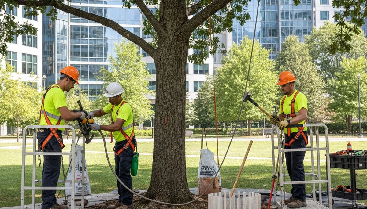Tree service crew providing root protection in Naperville, IL