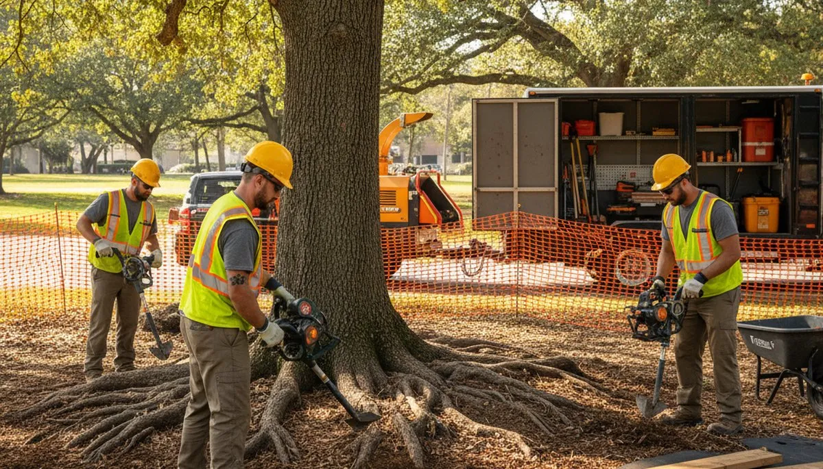 Tree service crew protecting roots in Naperville, IL with soil support for tree health