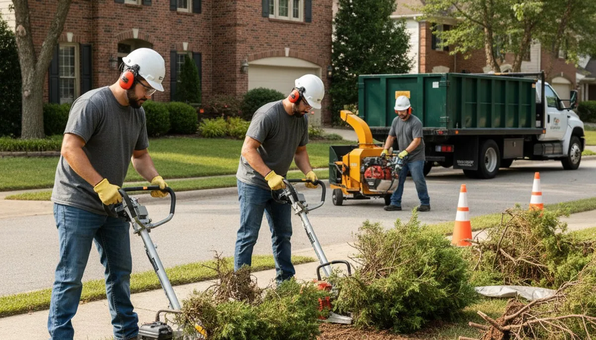 Naperville, IL tree service crew removing overgrown shrubs on a residential property